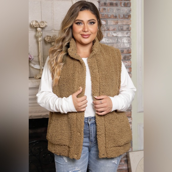 Plus Size Collared Neck Open Front Sweater Vest - Picture 1 of 4